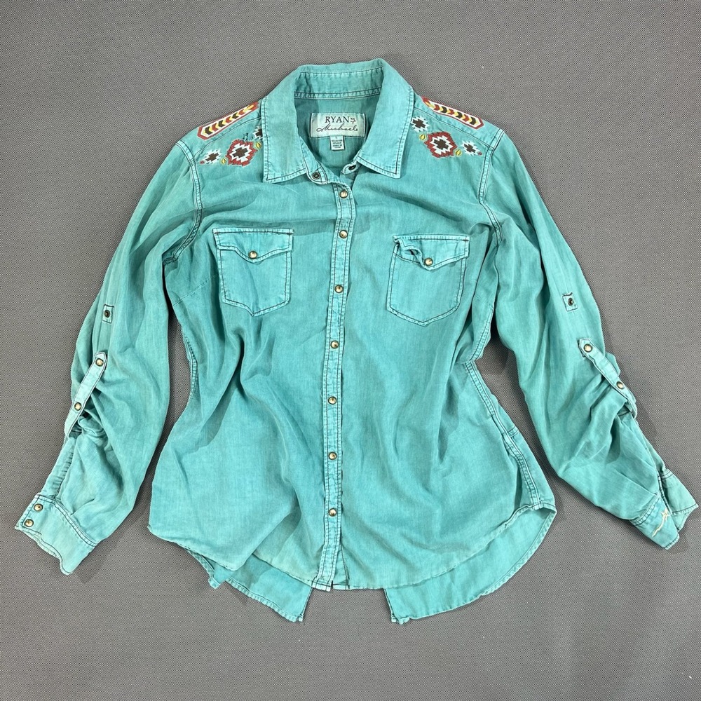 Ryan Michaels Peacock Blue Corduroy Western Shirt Silk Blend Embroidered R1662TT
